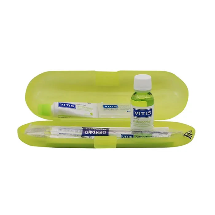 Spazzolino ortodontico Vitis + cera + dentifricio 15ml + collutorio 30ml